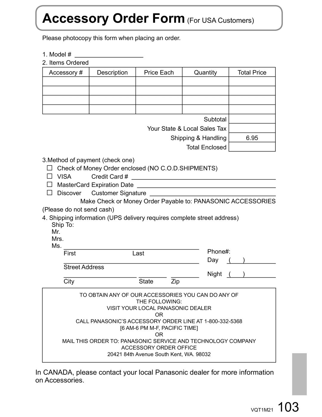 Panasonic SDR-SW20PC operating instructions Accessory Order Form For USA Customers, Visa 