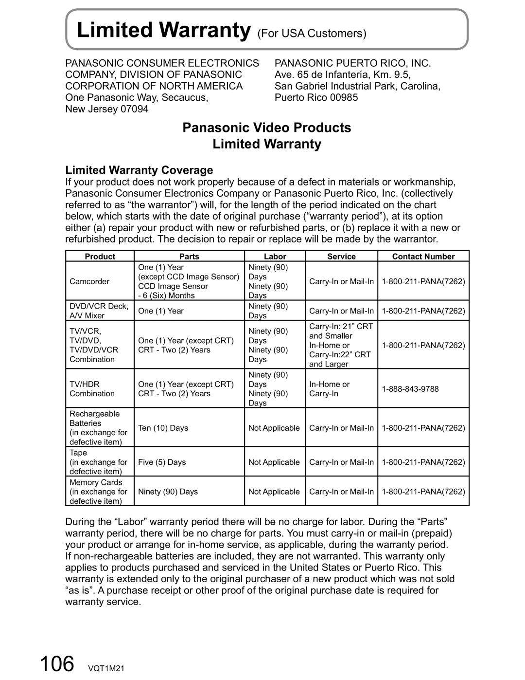 Panasonic SDR-SW20PC operating instructions Panasonic Video Products Limited Warranty, Limited Warranty For USA Customers 