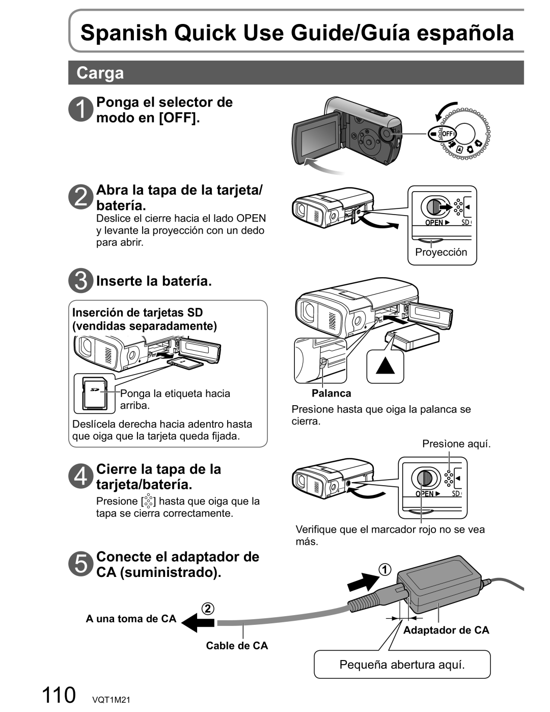 Panasonic SDR-SW20PC Spanish Quick Use Guide/Guía española, Inserte la batería, Cierre la tapa de la tarjeta/batería 