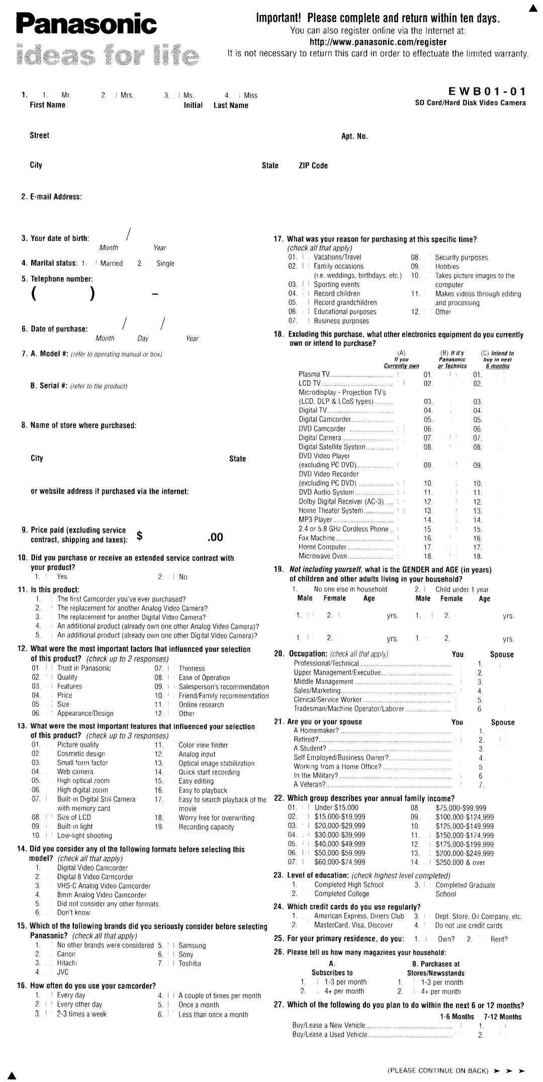 Panasonic SDR-SW20PC operating instructions Eas for life 