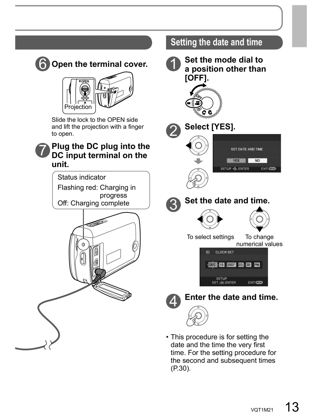 Panasonic SDR-SW20PC Open the terminal cover, Plug the DC plug into the DC input terminal on the unit 