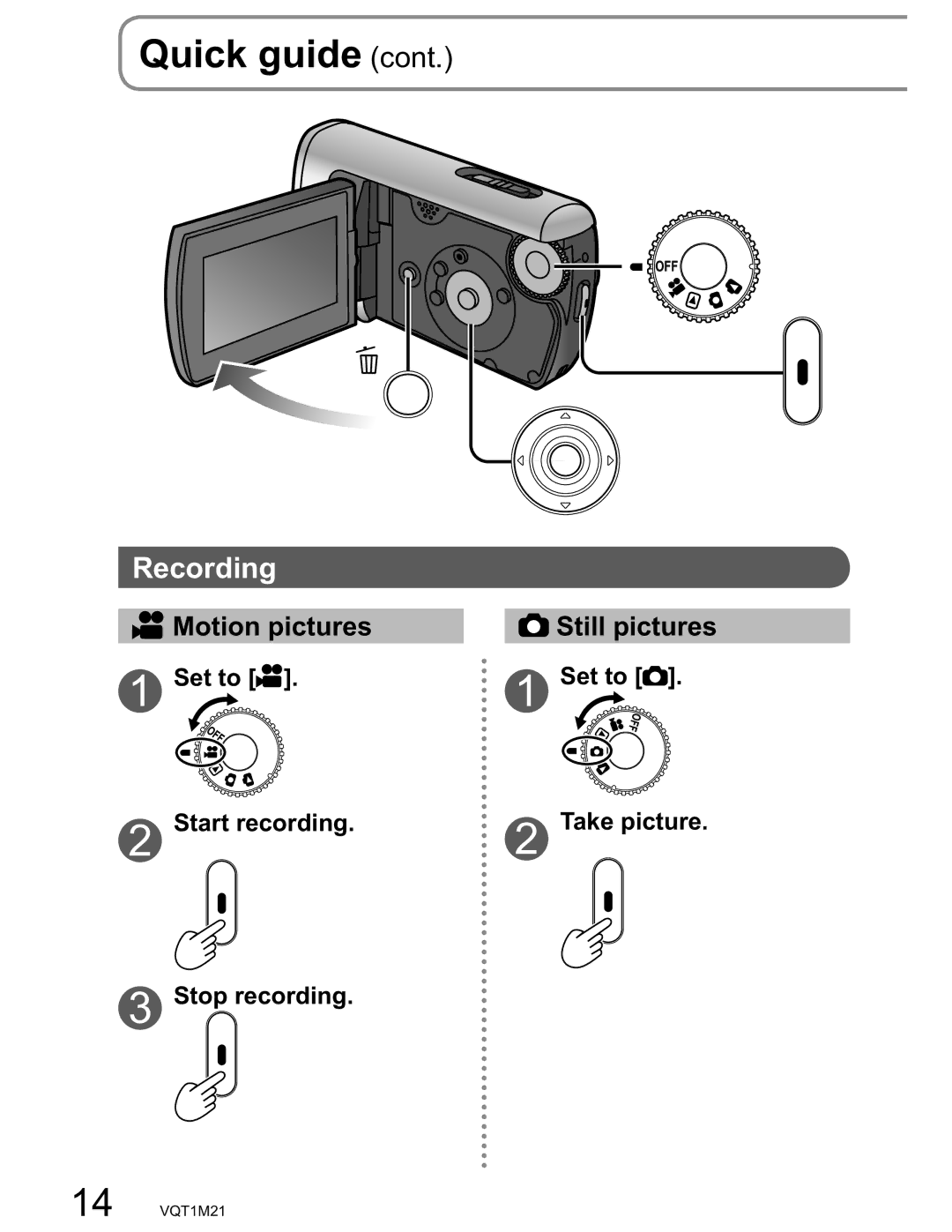 Panasonic SDR-SW20PC operating instructions Recording, Set to Start recording Take picture Stop recording 