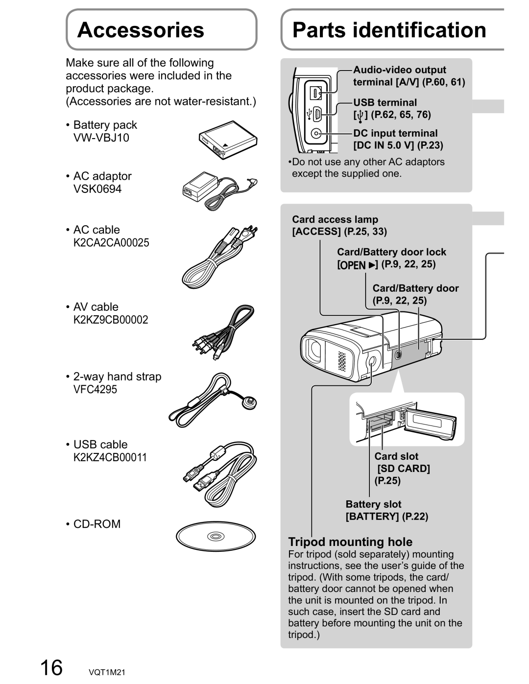 Panasonic SDR-SW20PC operating instructions Accessories, Parts identification, Tripod mounting hole, VW-VBJ10, Cd-Rom 