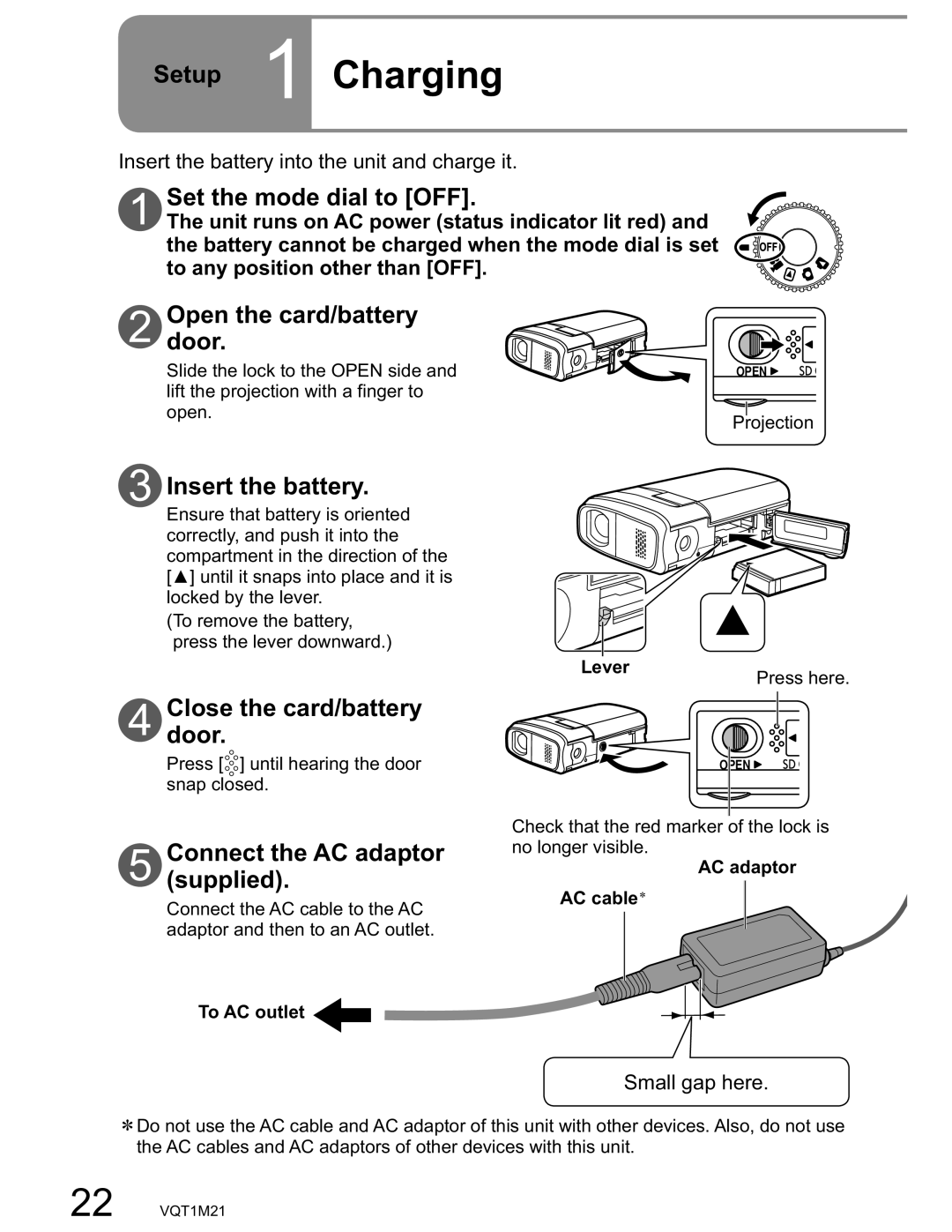 Panasonic SDR-SW20PC Setup 1 Charging, Set the mode dial to OFF, Insert the battery into the unit and charge it 