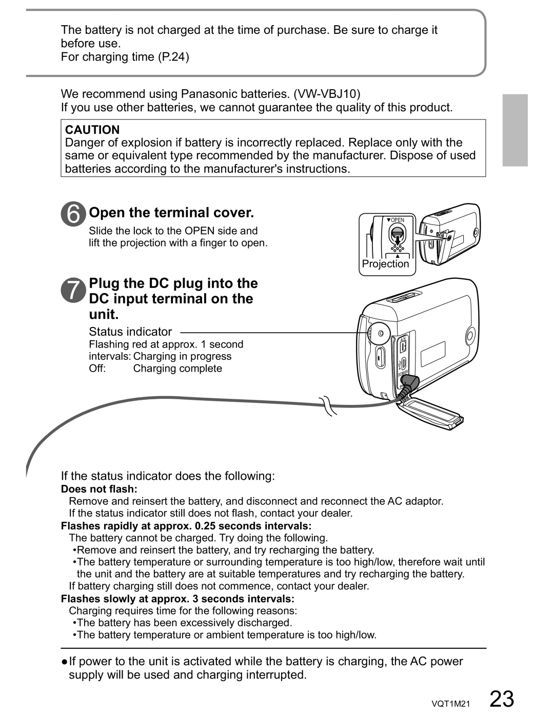 Panasonic SDR-SW20PC Plug the DC plug into the DC input terminal on Unit, Status indicator, Does not flash 