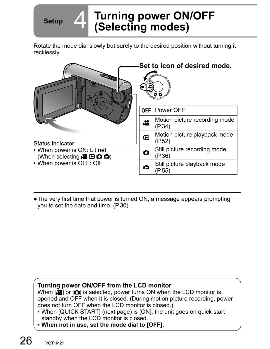 Panasonic SDR-SW20PC operating instructions Turning power ON/OFF, Selecting modes, Set to icon of desired mode 
