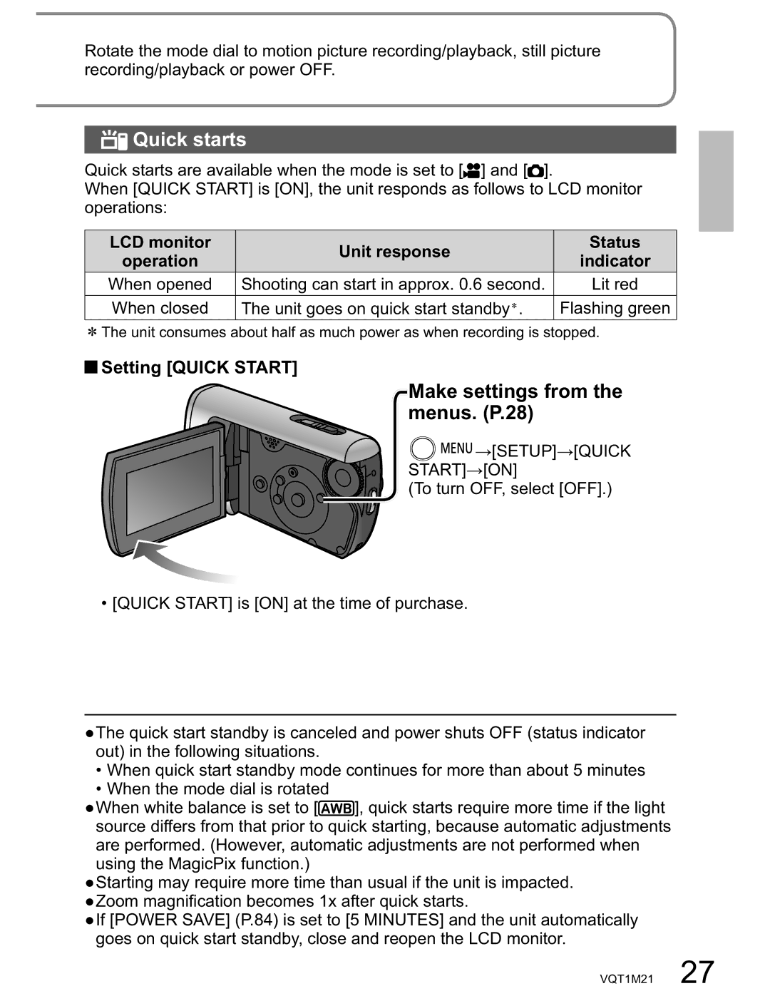 Panasonic SDR-SW20PC operating instructions Quick starts, Make settings from the menus. P.28, Setting Quick Start 
