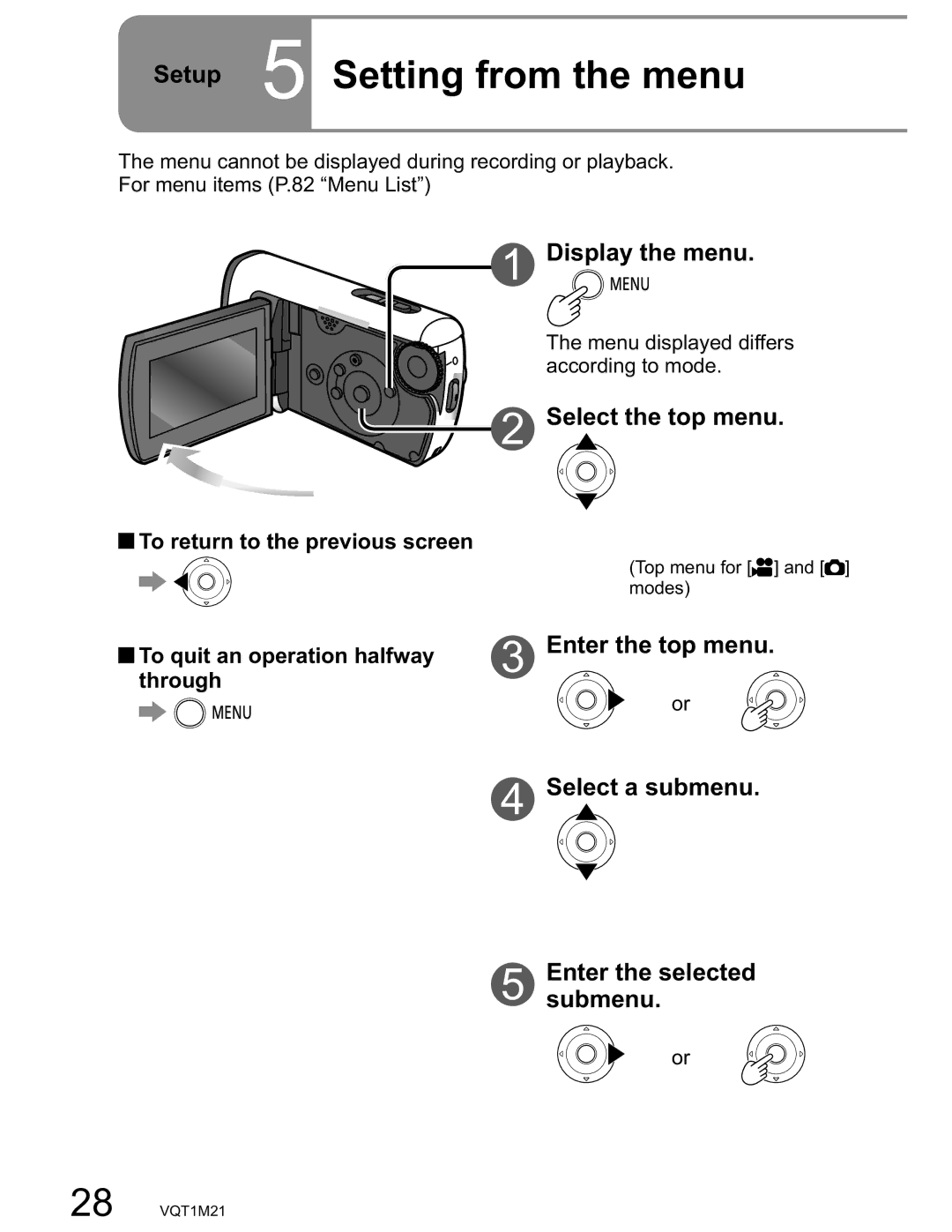 Panasonic SDR-SW20PC operating instructions Setup 5 Setting from the menu, Display the menu, Select the top menu 