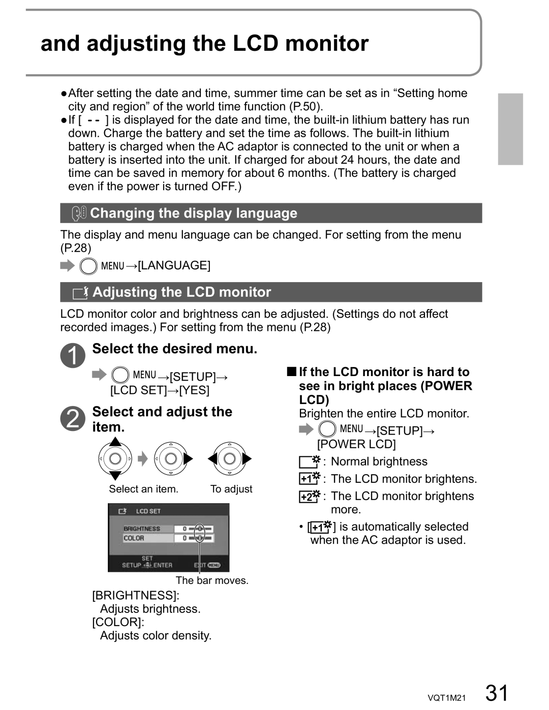 Panasonic SDR-SW20PC Adjusting the LCD monitor, Changing the display language, Selectitem. and adjust 