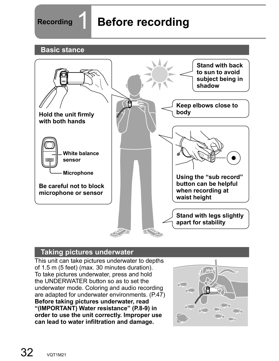 Panasonic SDR-SW20PC operating instructions Recording 1 Before recording, Basic stance, Taking pictures underwater 