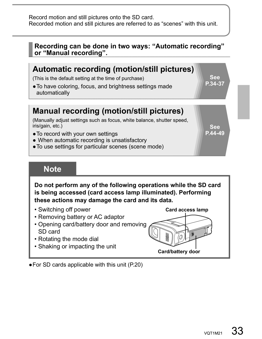 Panasonic SDR-SW20PC operating instructions For SD cards applicable with this unit P.20, Card/battery door 