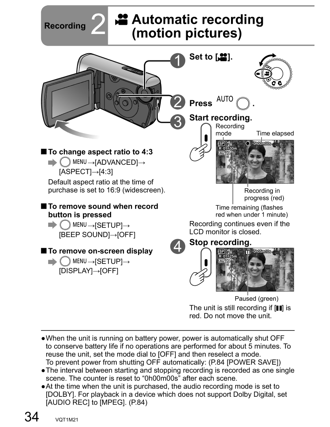 Panasonic SDR-SW20PC operating instructions Automatic recording, Motion pictures, Recording, Set to Press 