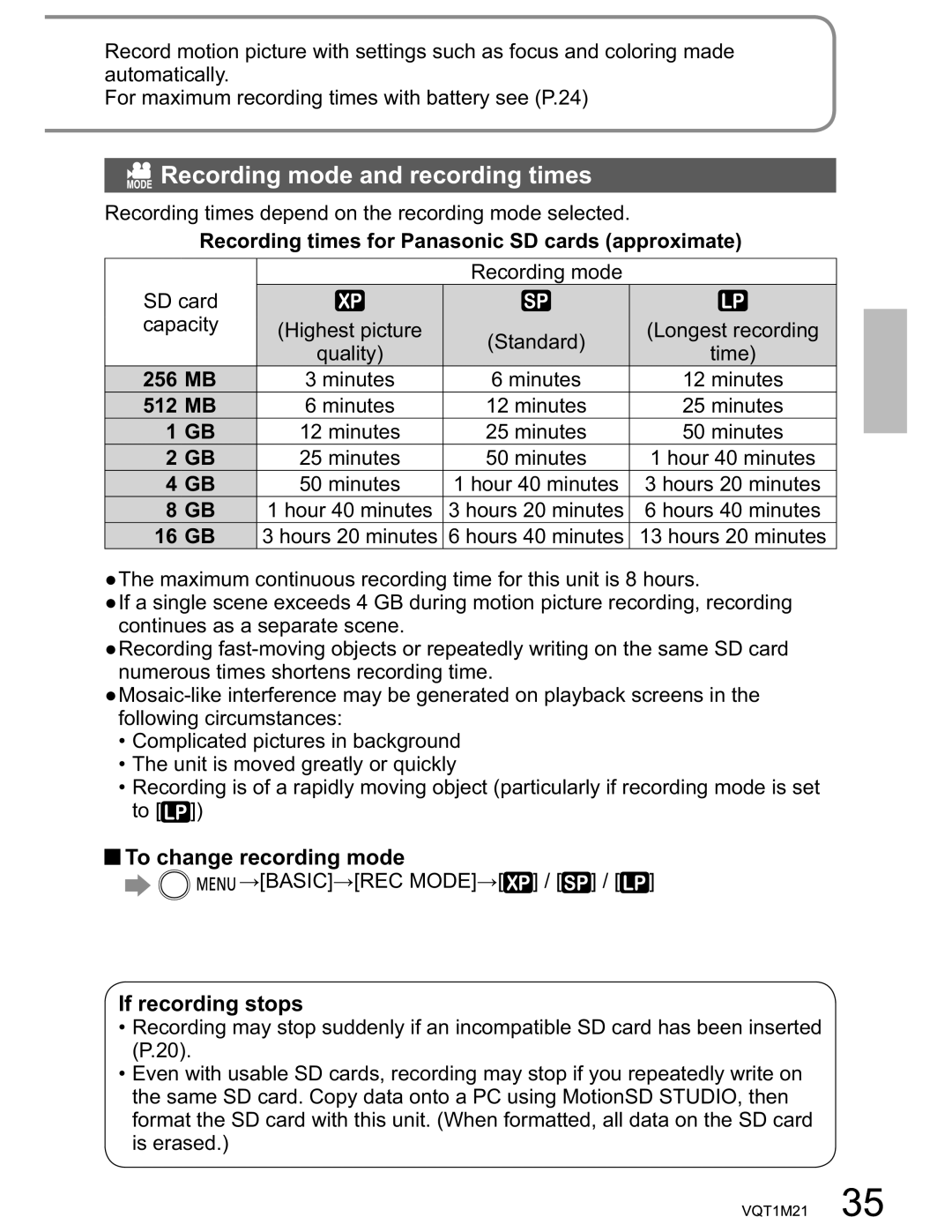 Panasonic SDR-SW20PC Recording mode and recording times, To change recording mode If recording stops, 256, 512 