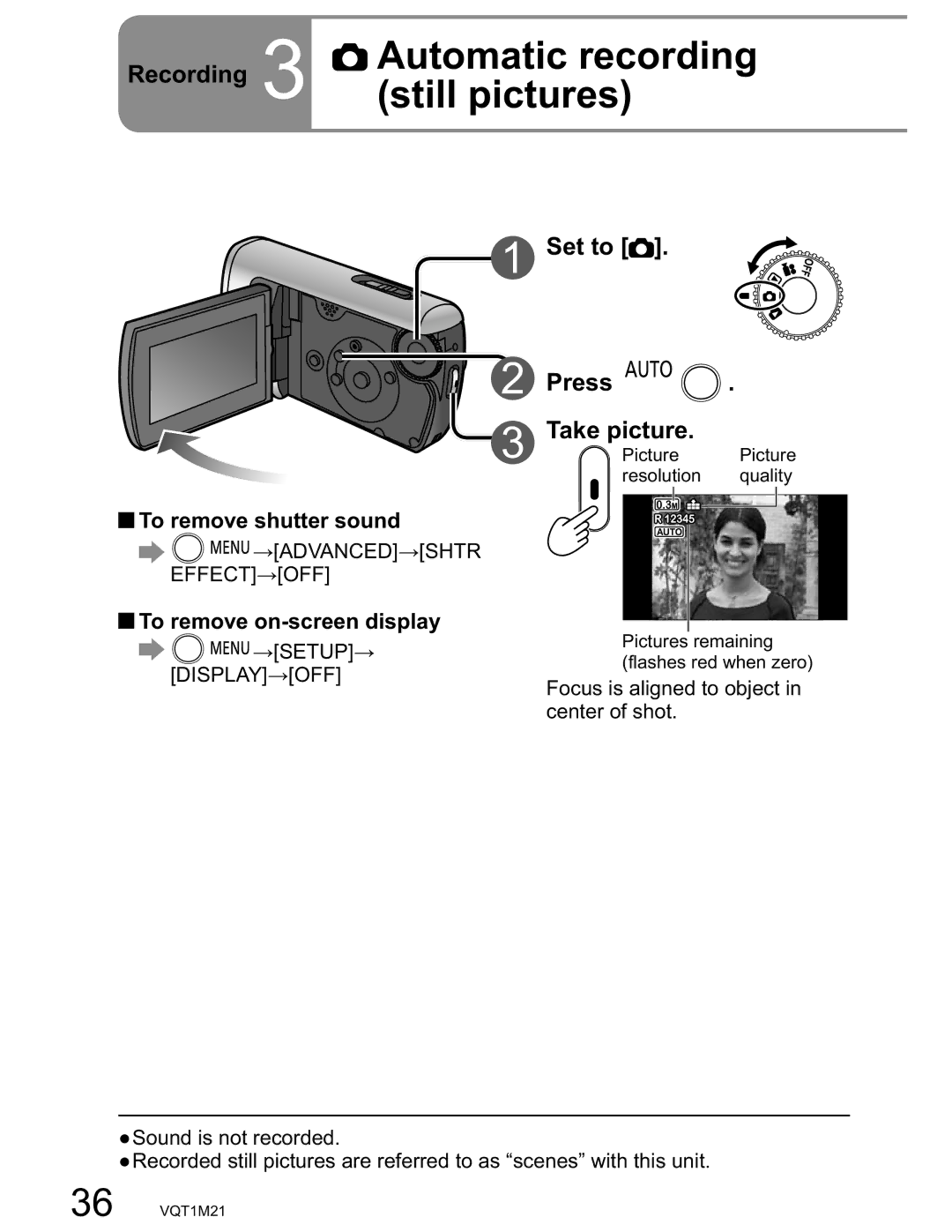 Panasonic SDR-SW20PC Still pictures, Set to Press Take picture, To remove shutter sound, Anced Effect 