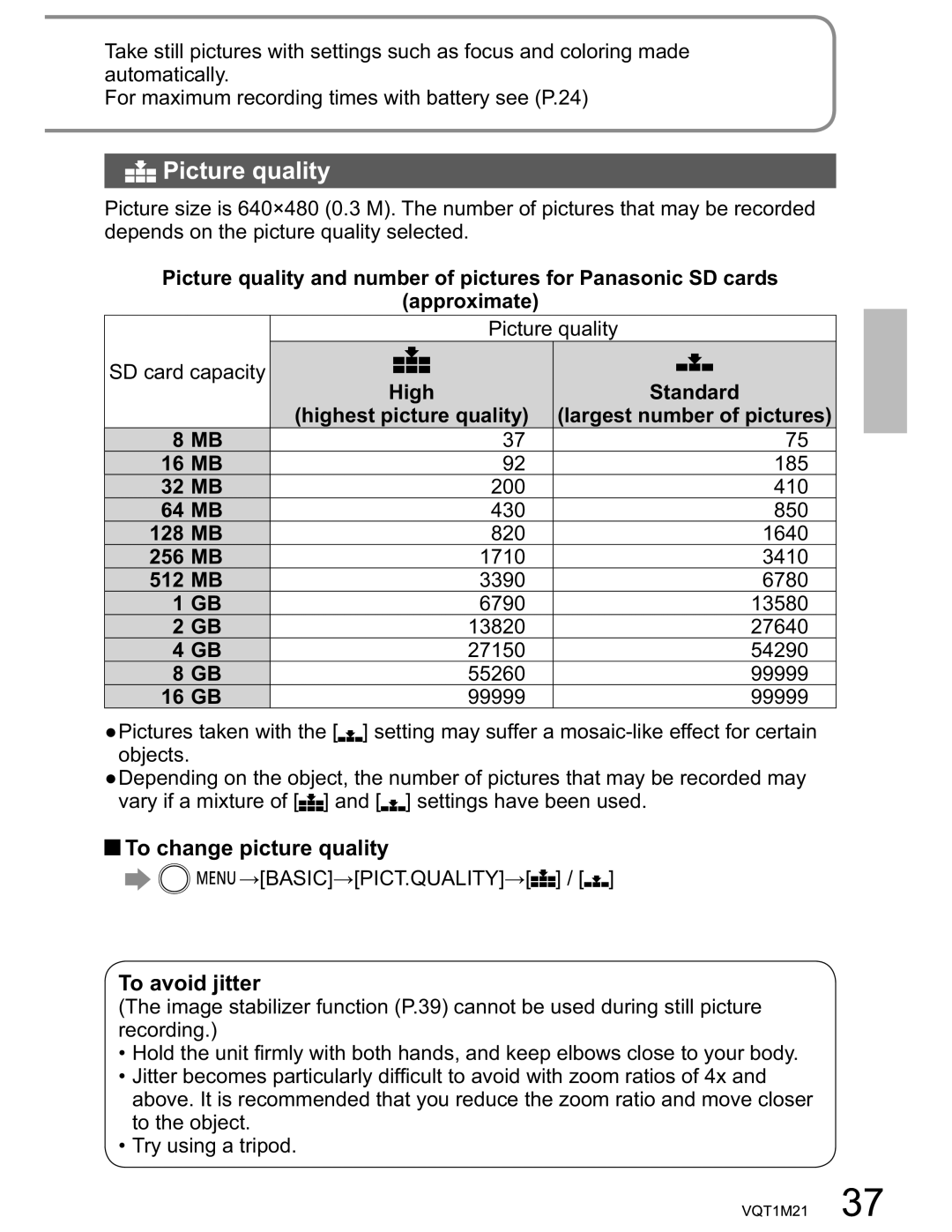 Panasonic SDR-SW20PC operating instructions Picture quality, To change picture quality, To avoid jitter 