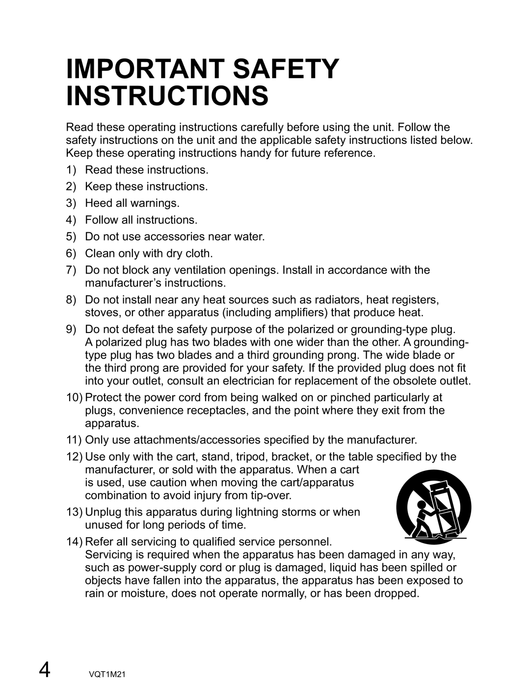 Panasonic SDR-SW20PC operating instructions Important Safety Instructions 