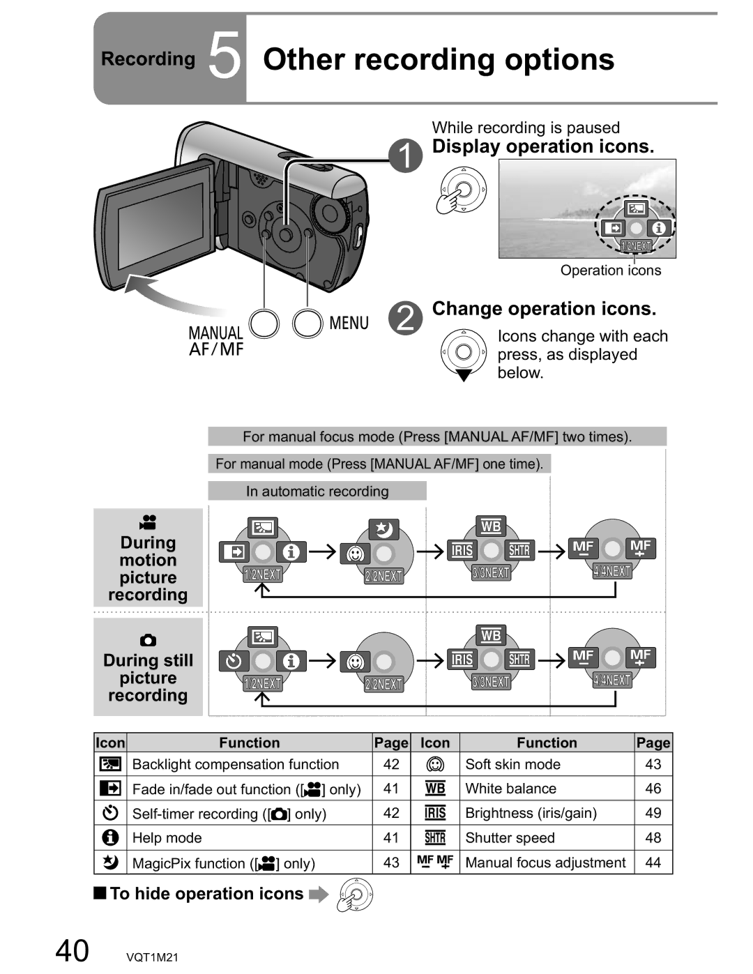 Panasonic SDR-SW20PC Recording 5 Other recording options, Display operation icons, Change operation icons 