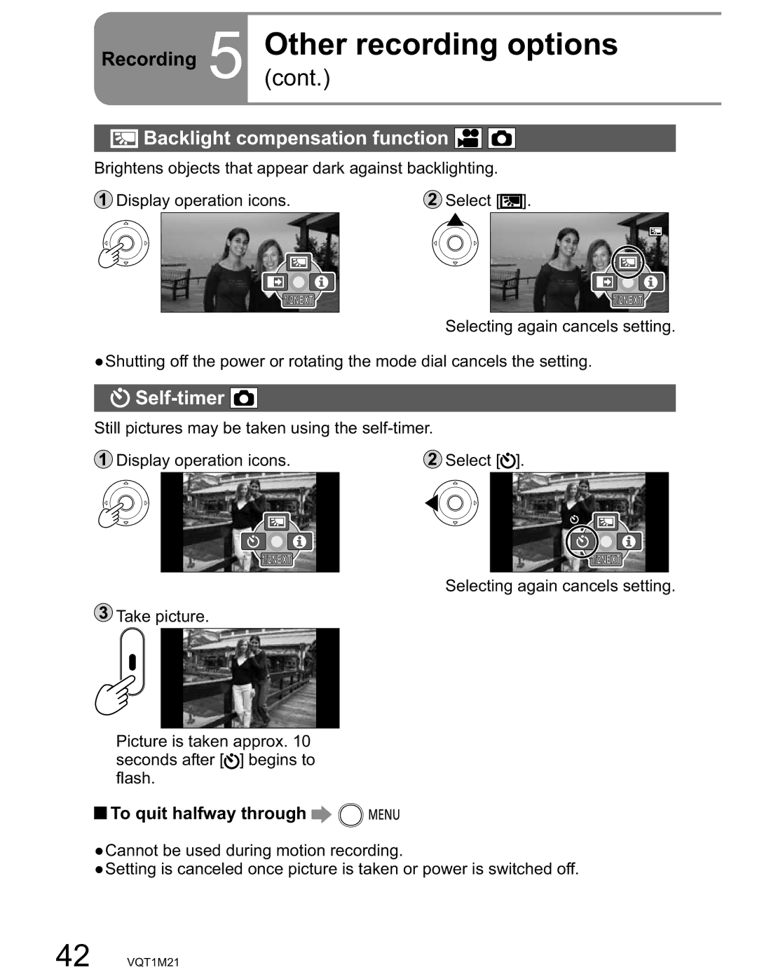 Panasonic SDR-SW20PC Other recording options, Backlight compensation function, Self-timer, To quit halfway through 