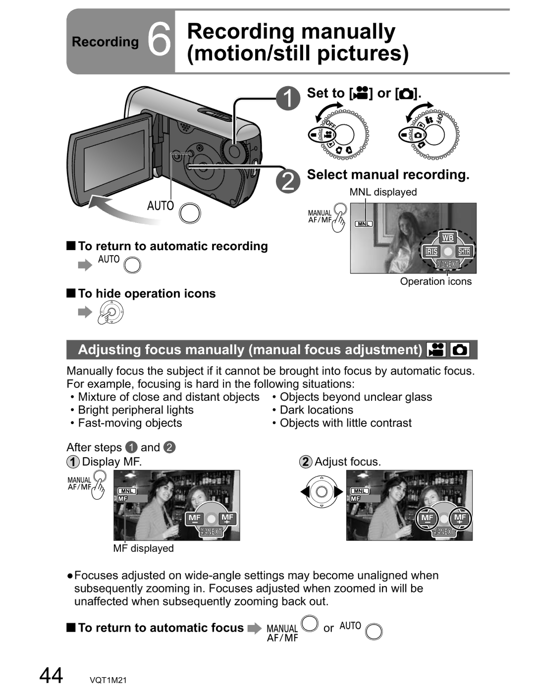 Panasonic SDR-SW20PC operating instructions Recording manually, Motion/still pictures, Set to or 