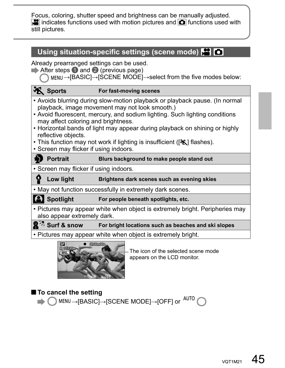 Panasonic SDR-SW20PC operating instructions Using situation-specific settings scene mode, To cancel the setting 