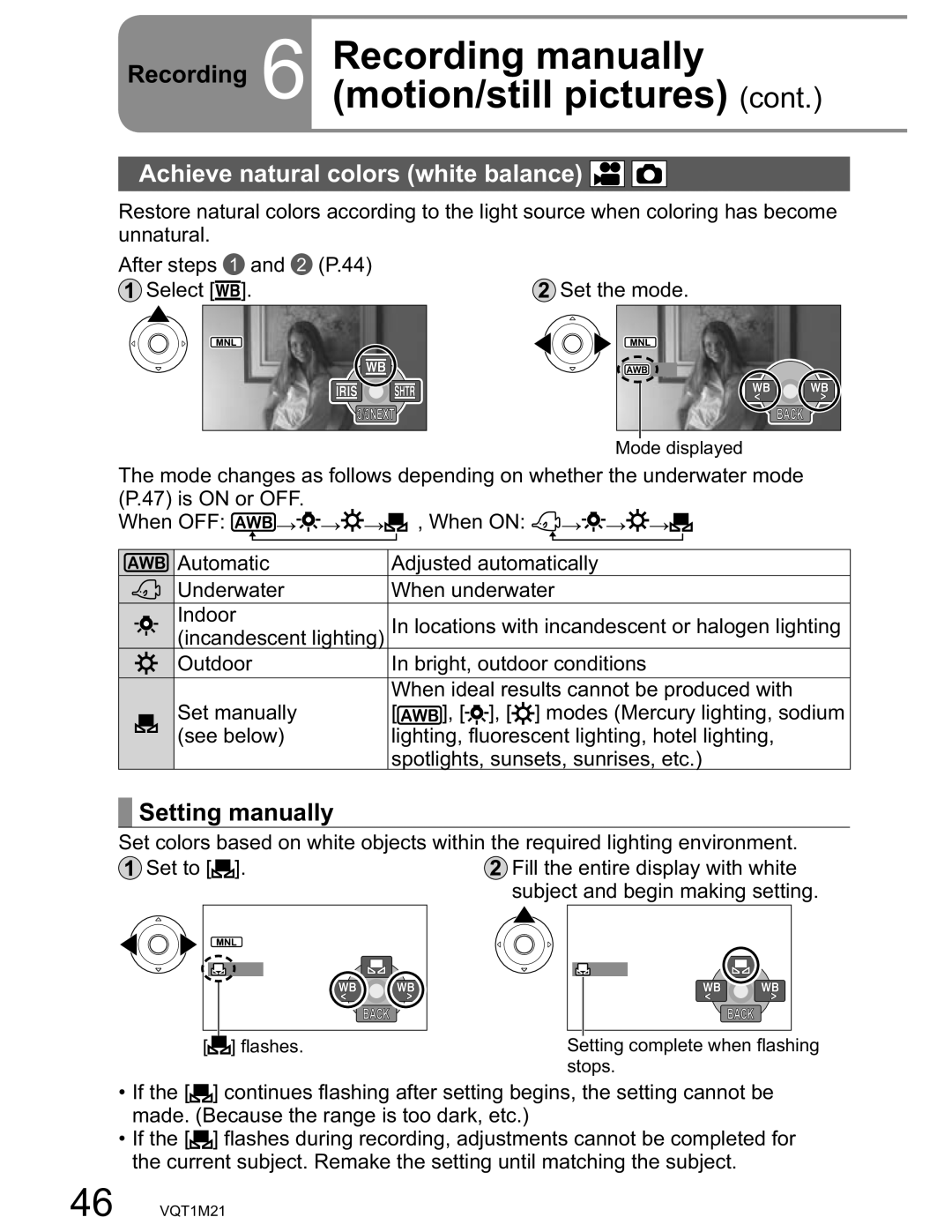 Panasonic SDR-SW20PC operating instructions Achieve natural colors white balance, Setting manually, Incandescent lighting 