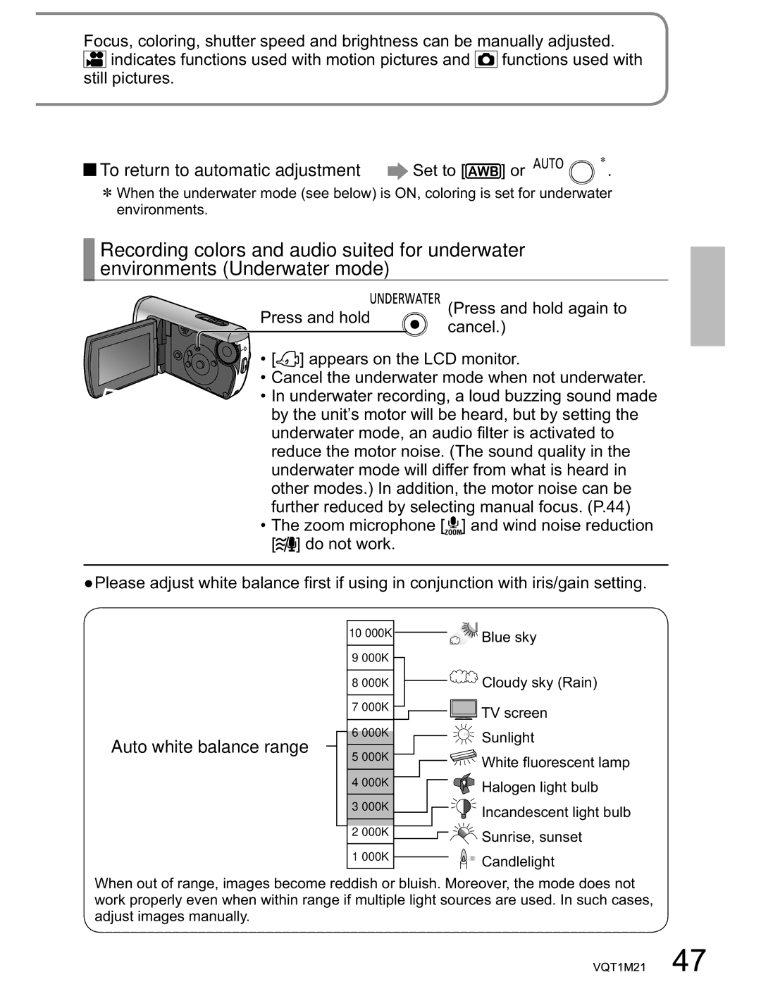 Panasonic SDR-SW20PC operating instructions To return to automatic adjustment, Auto white balance range, Set to 