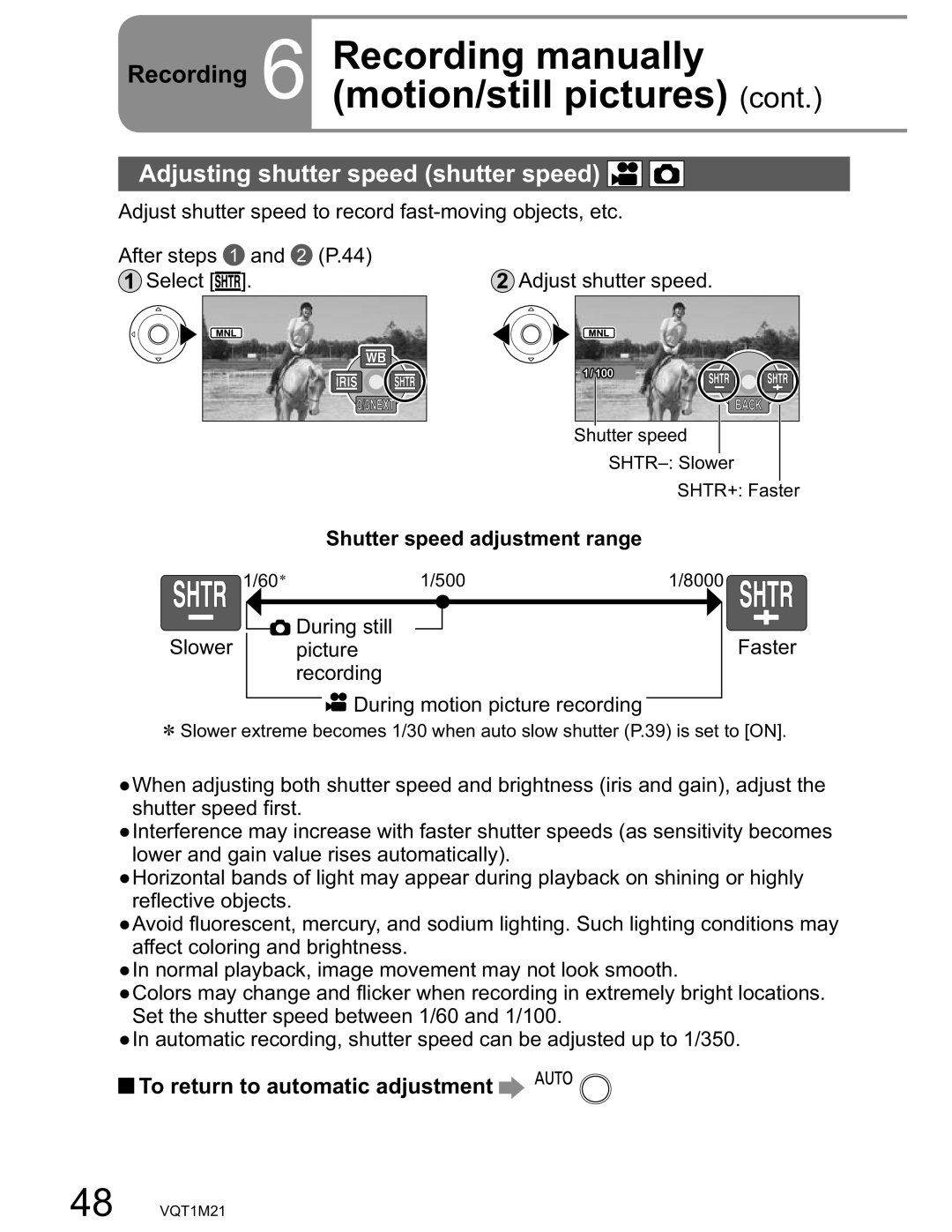 Panasonic SDR-SW20PC operating instructions Adjusting shutter speed shutter speed, Shutter speed adjustment range 