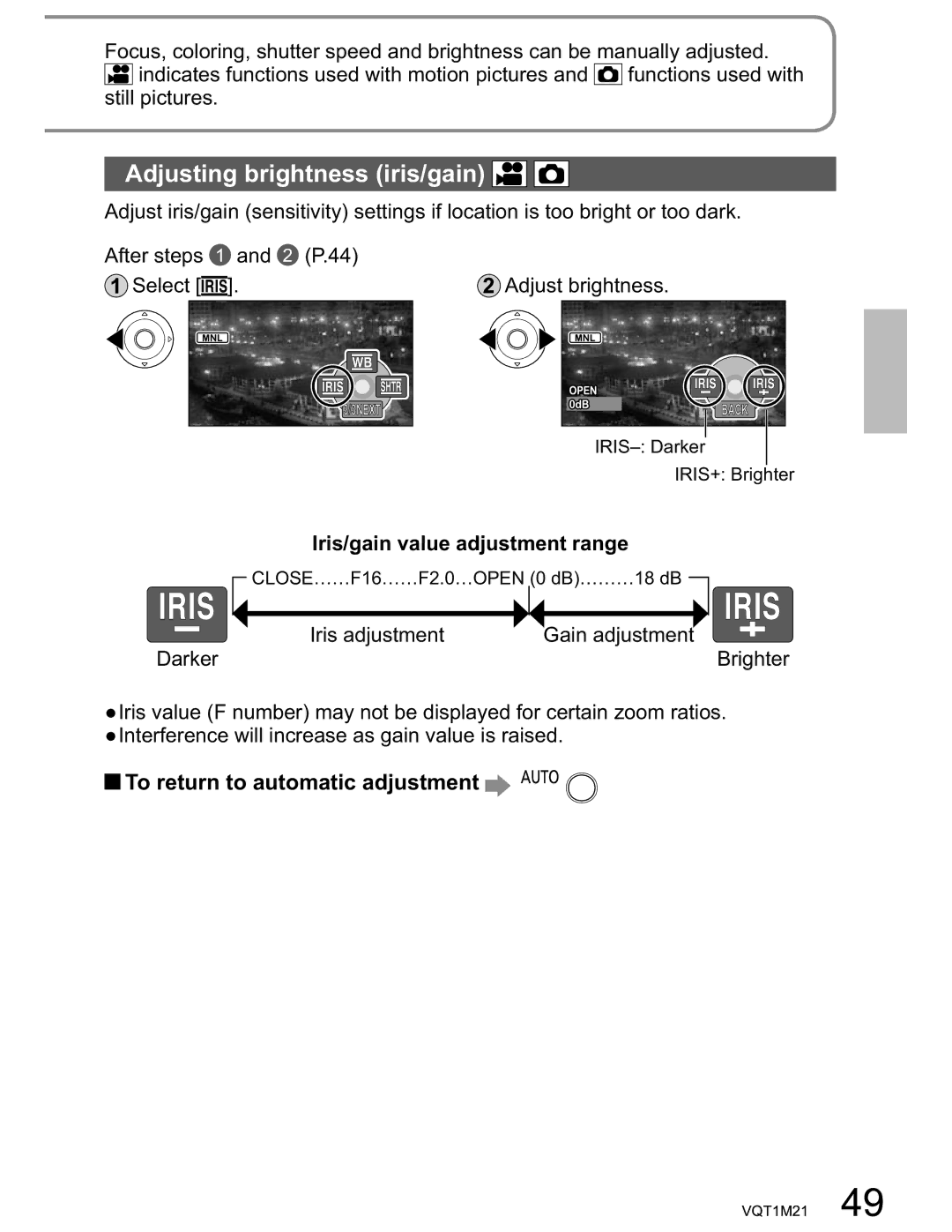 Panasonic SDR-SW20PC operating instructions Adjusting brightness iris/gain, Iris/gain value adjustment range 