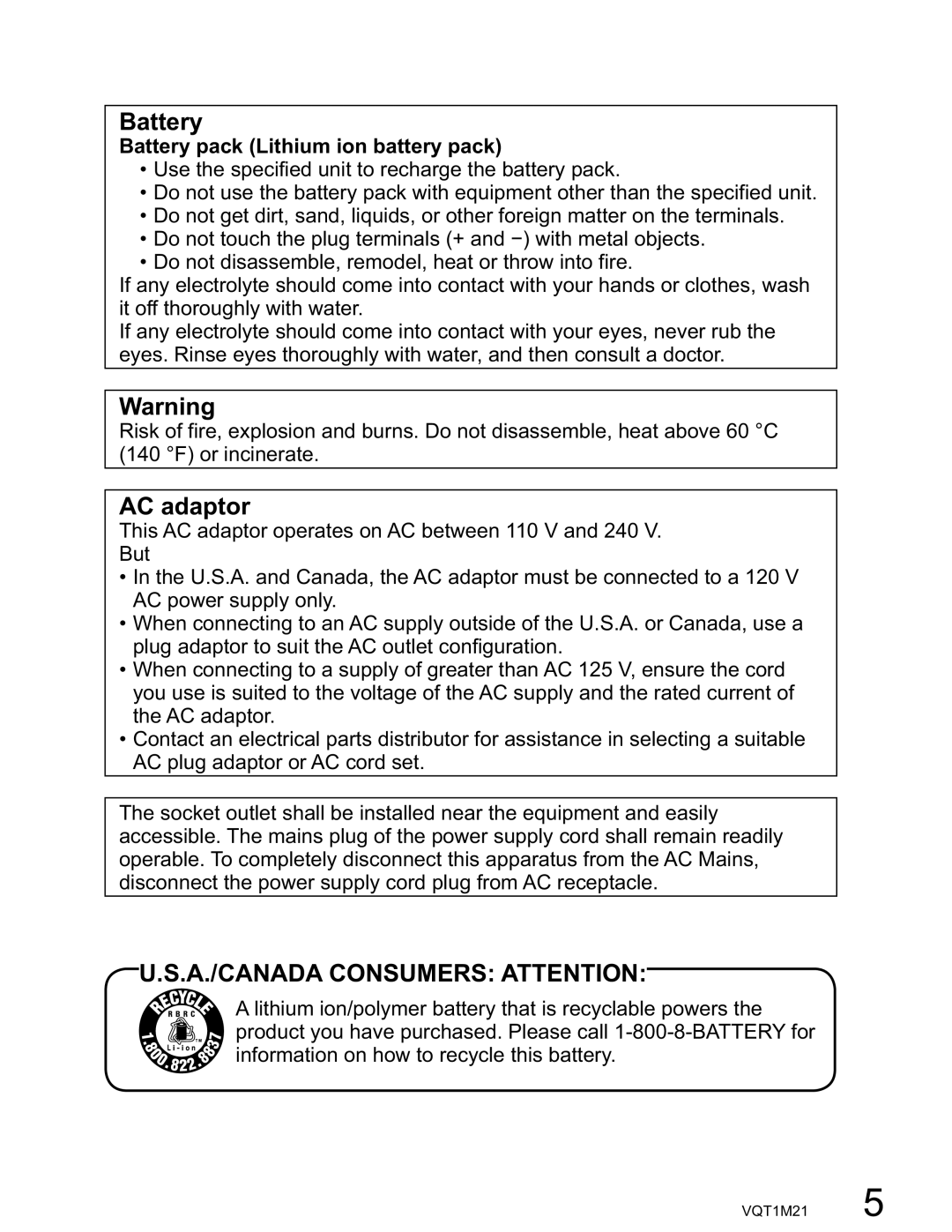 Panasonic SDR-SW20PC operating instructions AC adaptor, Battery pack Lithium ion battery pack 