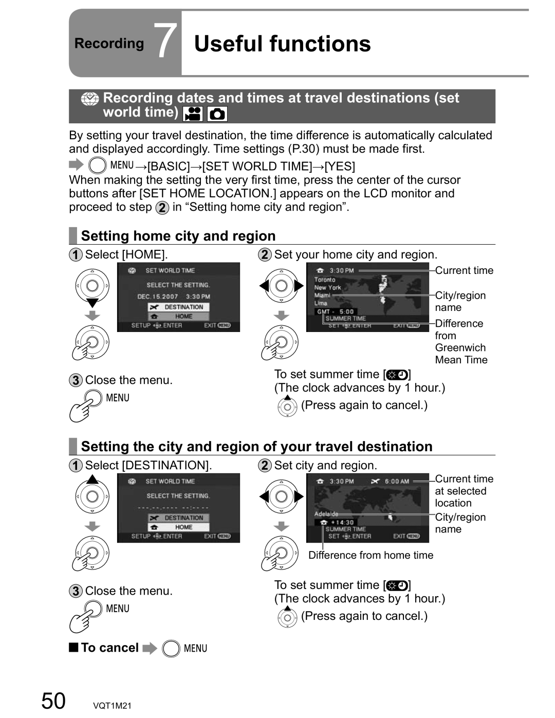 Panasonic SDR-SW20PC Recording 7 Useful functions, Setting home city and region, To cancel, World Time 