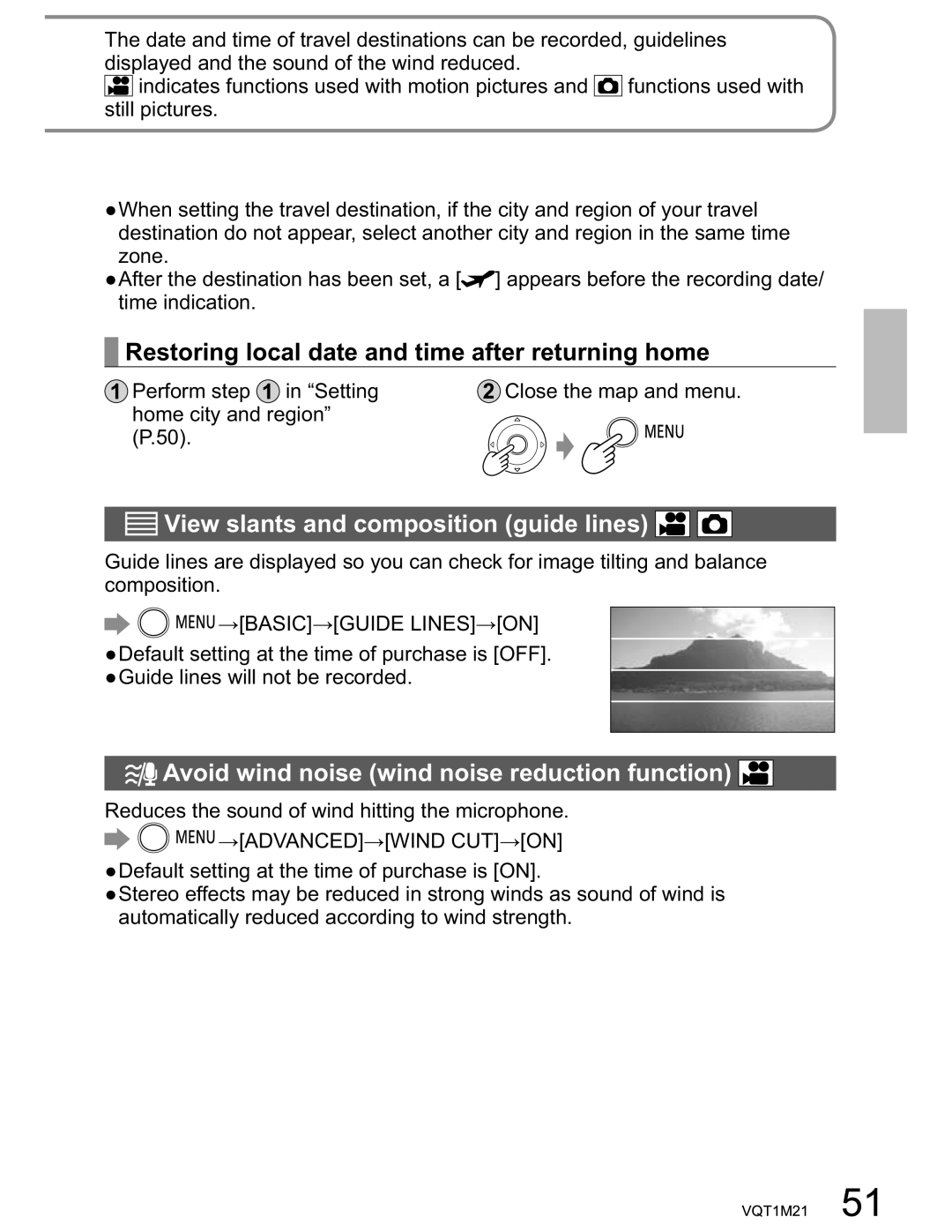 Panasonic SDR-SW20PC Restoring local date and time after returning home, View slants and composition guide lines 