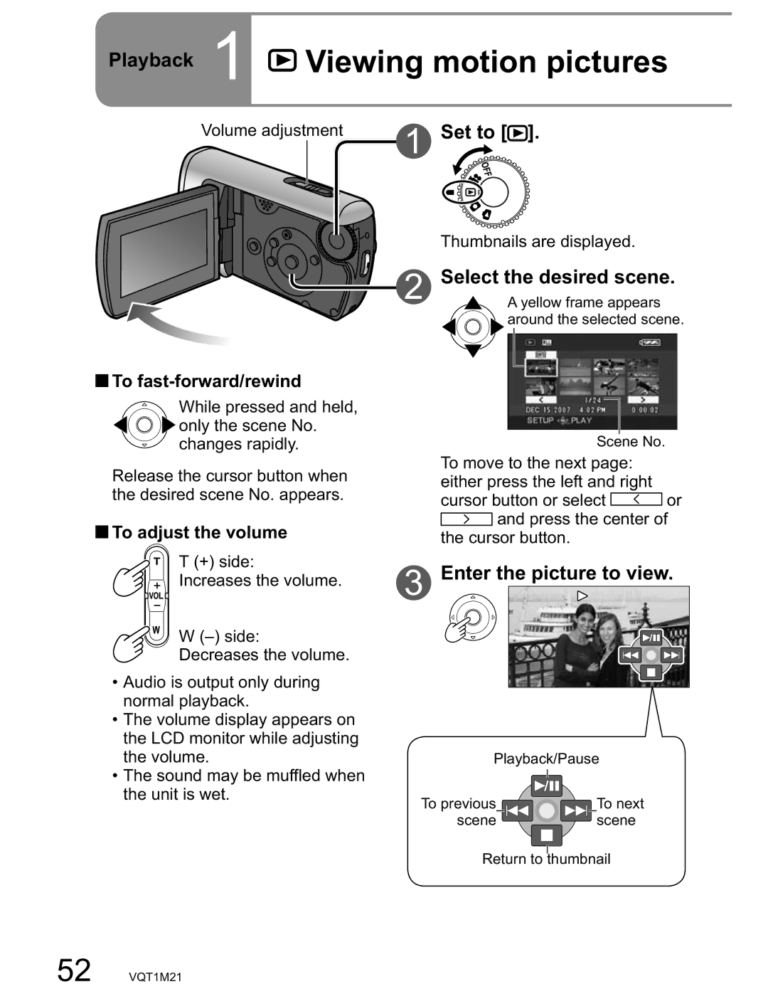 Panasonic SDR-SW20PC Playback 1 Viewing motion pictures, Set to, Select the desired scene, Enter the picture to view 