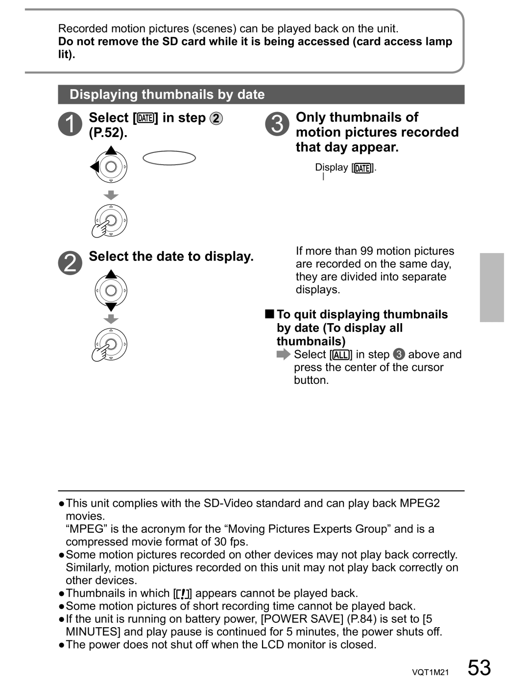 Panasonic SDR-SW20PC operating instructions Displaying thumbnails by date, Select the date to display 