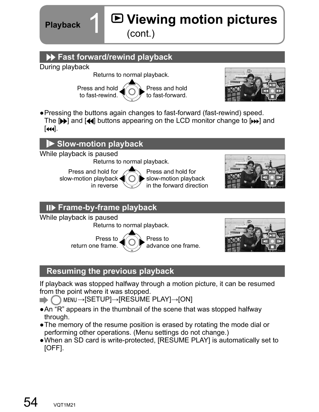 Panasonic SDR-SW20PC Playback, Fast forward/rewind playback, Slow-motion playback, Frame-by-frame playback 