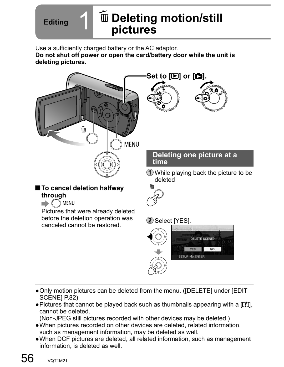 Panasonic SDR-SW20PC operating instructions Editing 1 Deletingpictures motion/still, Deleting one picture at a Time 