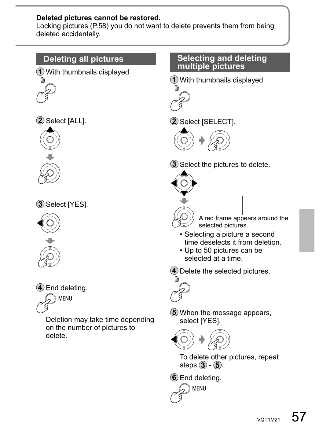 Panasonic SDR-SW20PC Deleting all pictures, Selecting and deleting Multiple pictures, Deleted pictures cannot be restored 