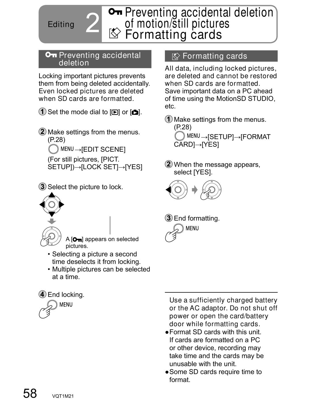 Panasonic SDR-SW20PC operating instructions Formatting cards, Preventing accidental Deletion, Card 