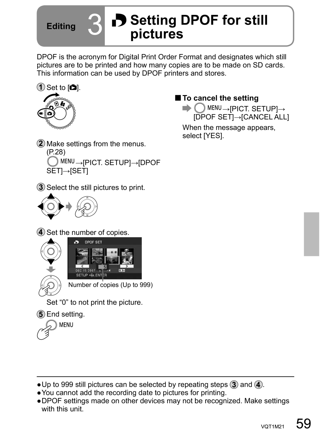 Panasonic SDR-SW20PC operating instructions Editing 3 Setting Dpof for still Pictures, Setup Dpof SET ALL 