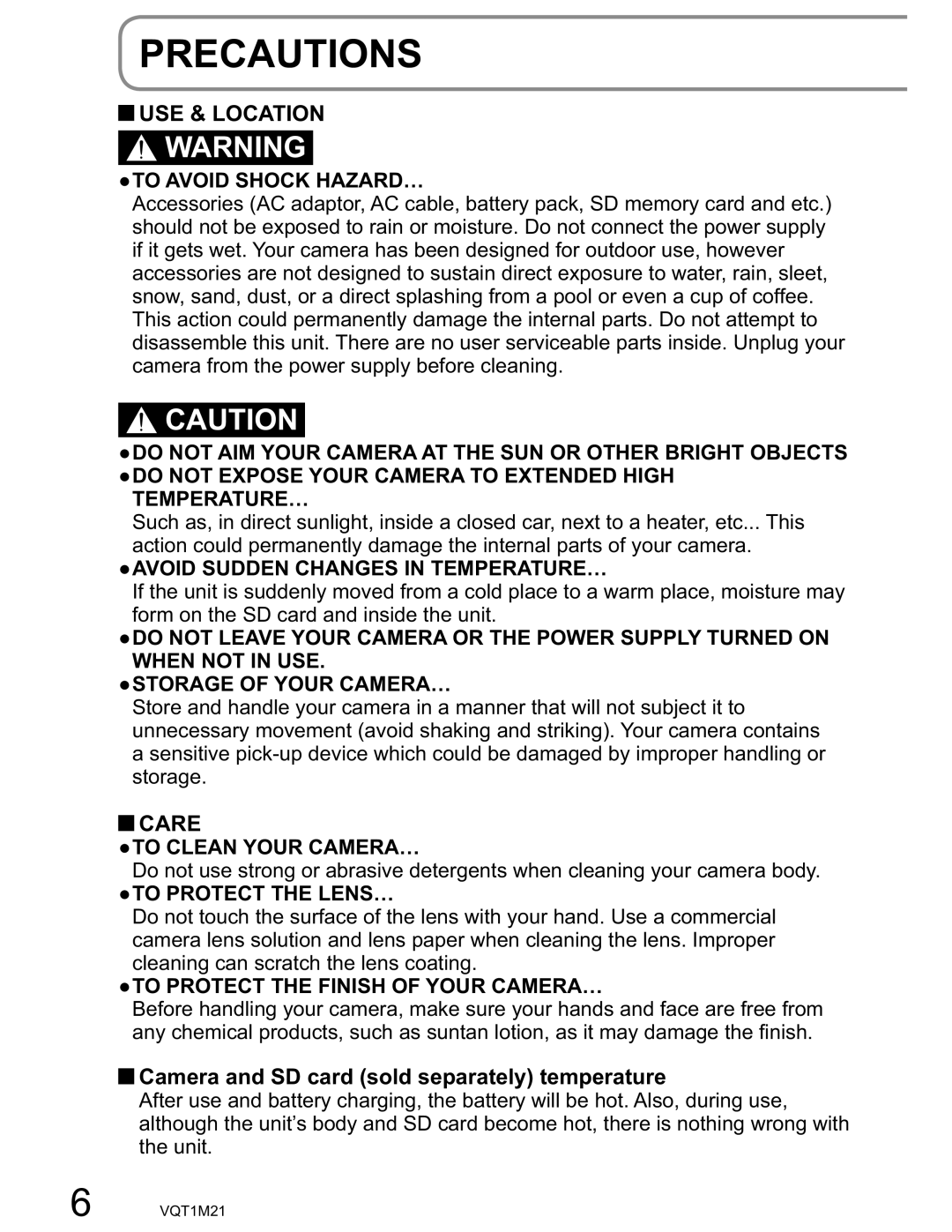 Panasonic SDR-SW20PC operating instructions Precautions, Camera and SD card sold separately temperature 