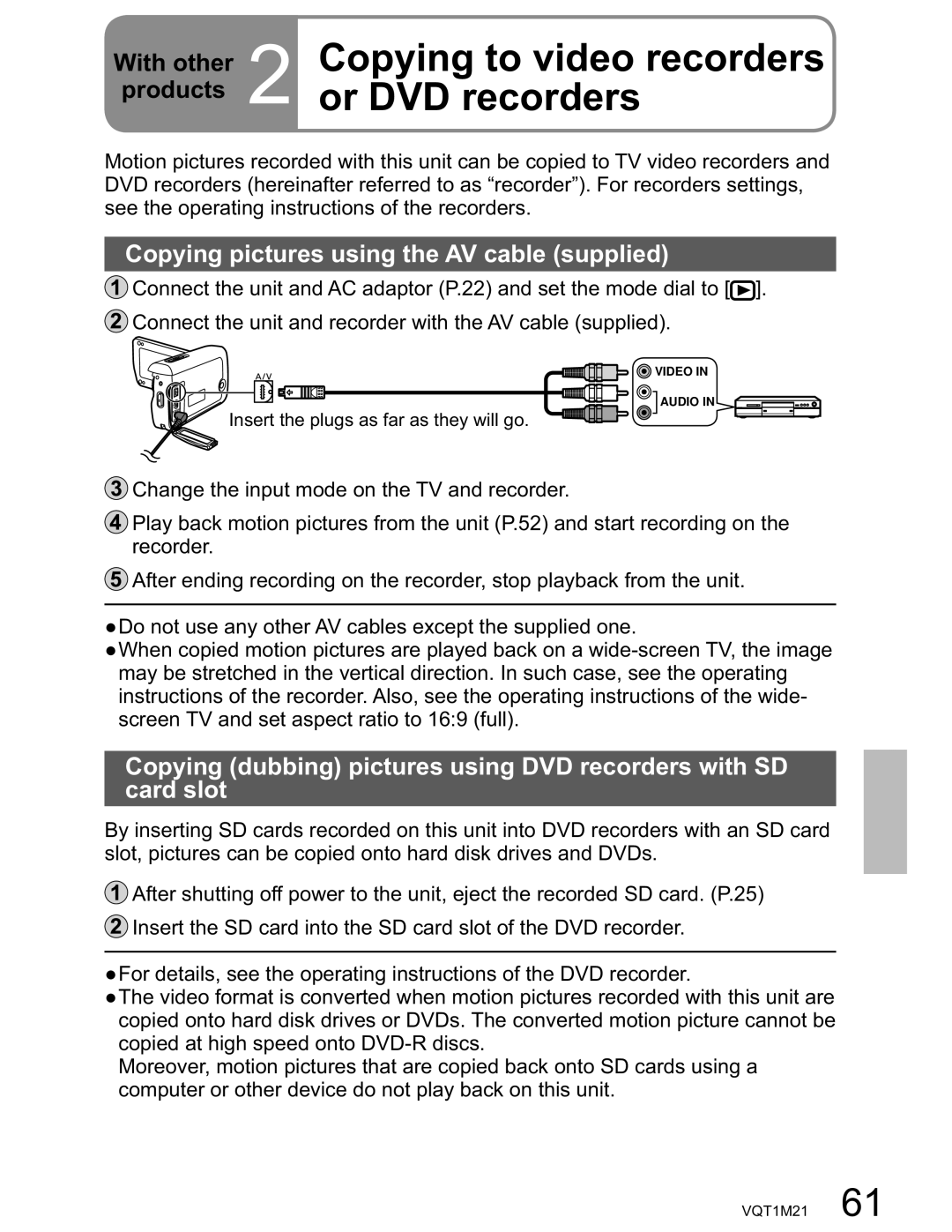 Panasonic SDR-SW20PC operating instructions Copying to video recorders or DVD recorders, With other Products 