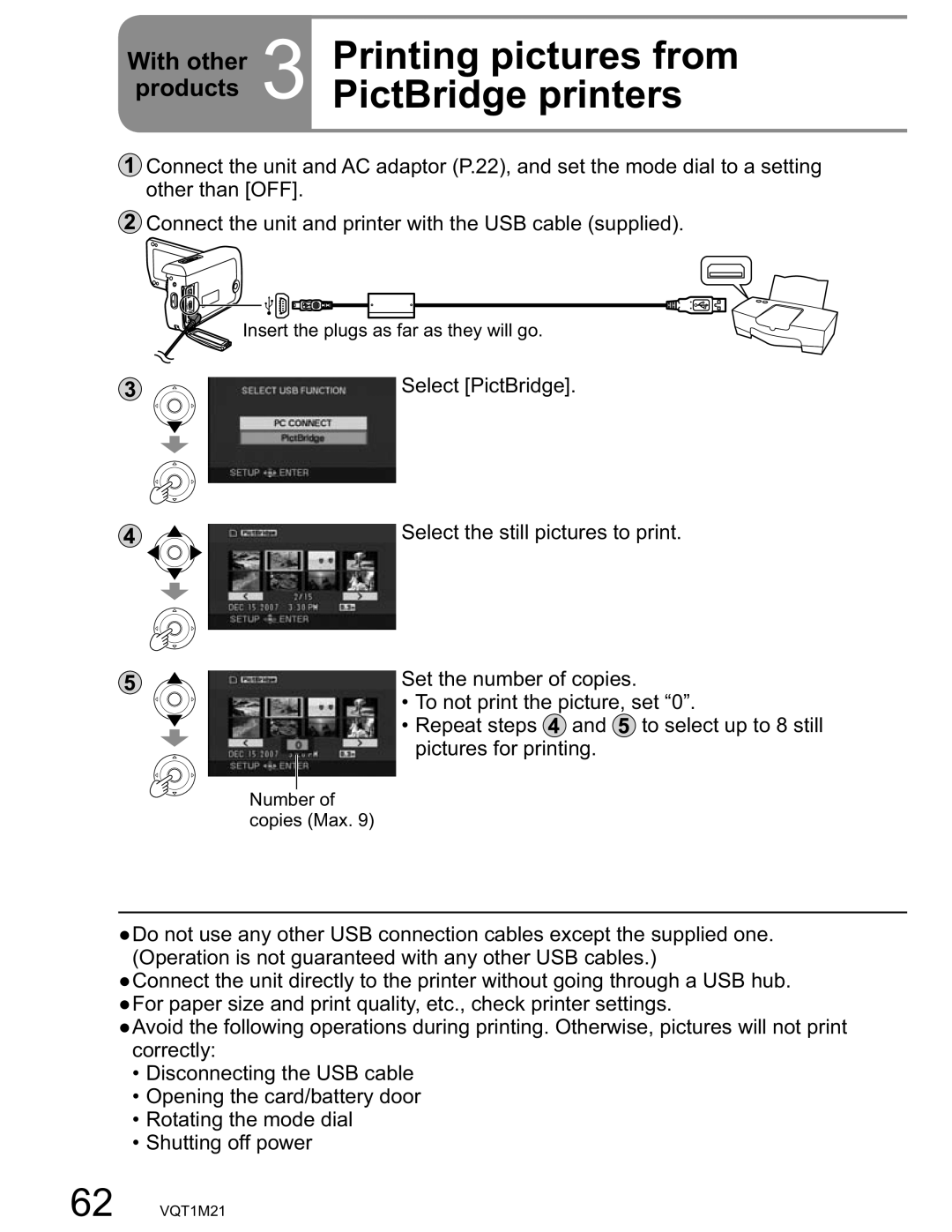 Panasonic SDR-SW20PC operating instructions Printing pictures from PictBridge printers 