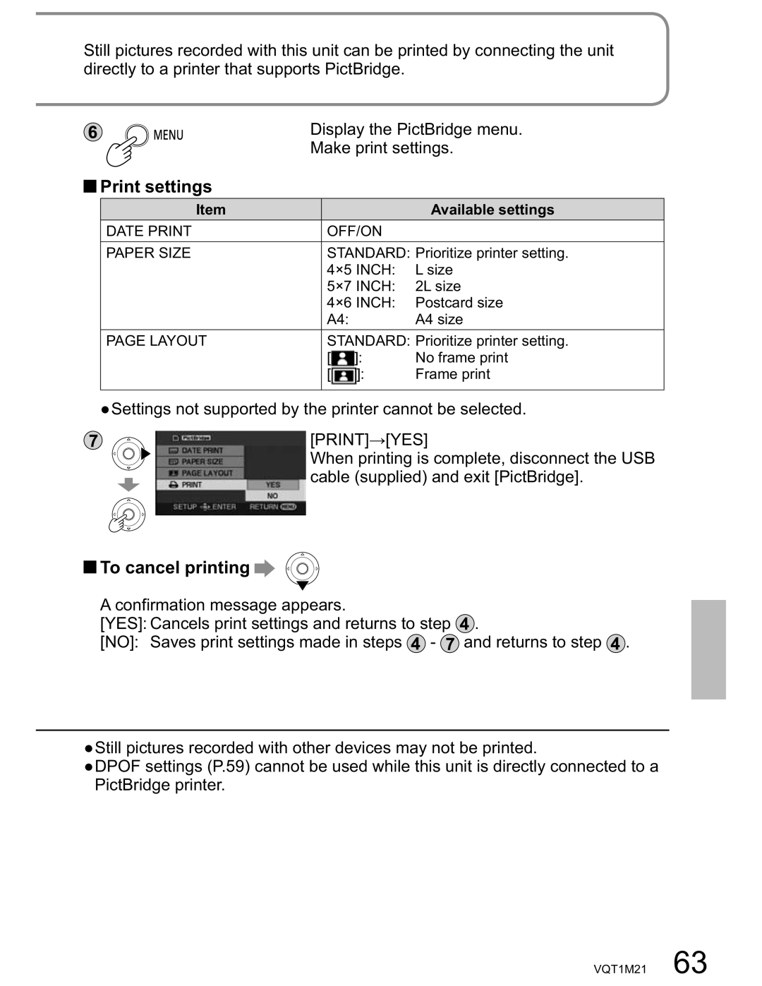 Panasonic SDR-SW20PC Print settings, To cancel printing, Settings not supported by the printer cannot be selected 