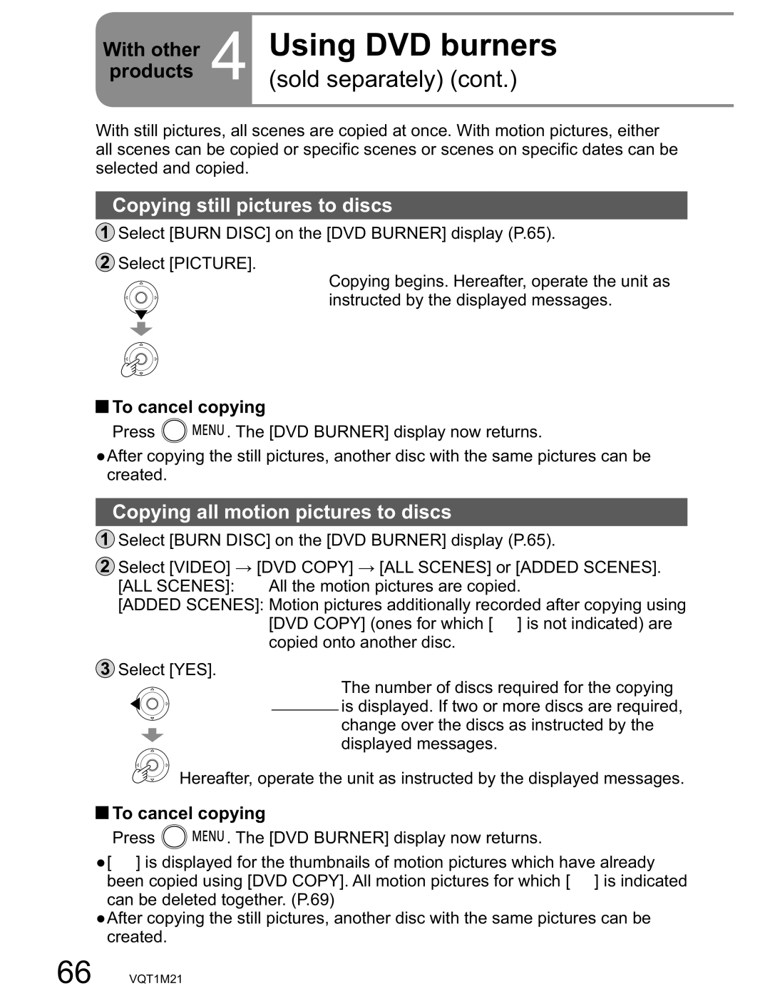 Panasonic SDR-SW20PC Copying still pictures to discs, Copying all motion pictures to discs, To cancel copying 