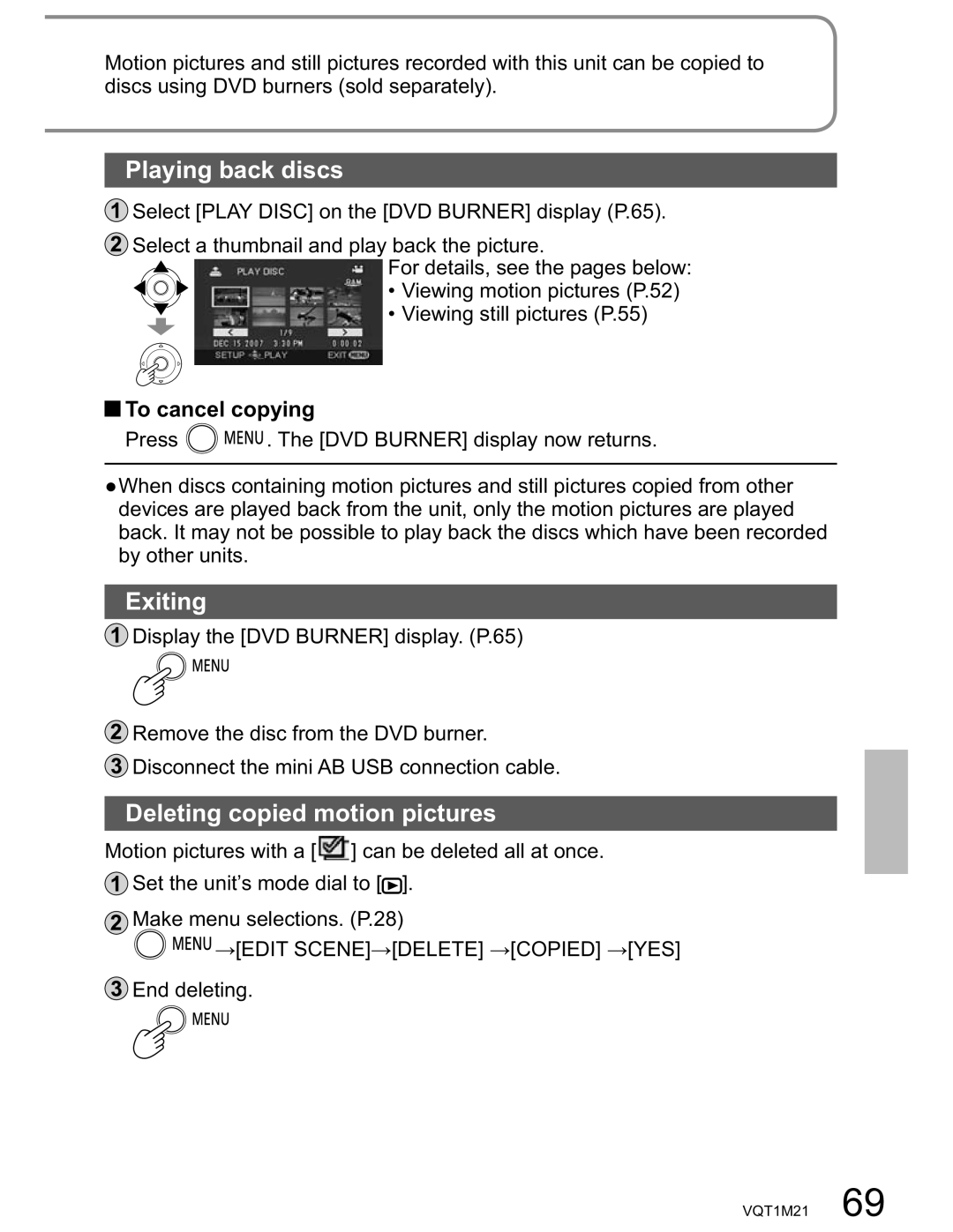 Panasonic SDR-SW20PC operating instructions Playing back discs, Exiting, Deleting copied motion pictures 