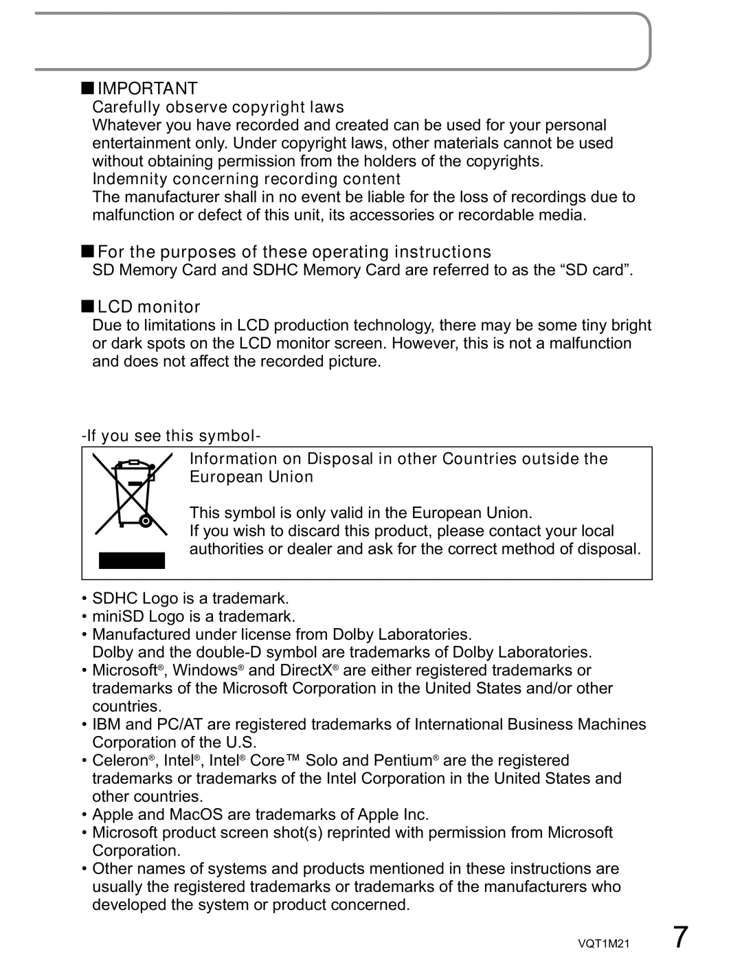 Panasonic SDR-SW20PC For the purposes of these operating instructions, LCD monitor, Carefully observe copyright laws 