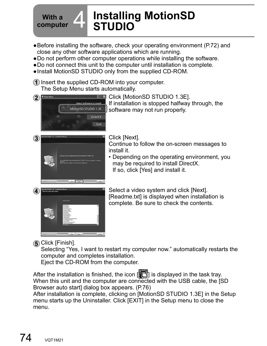 Panasonic SDR-SW20PC operating instructions InstallingSTUDIO MotionSD 