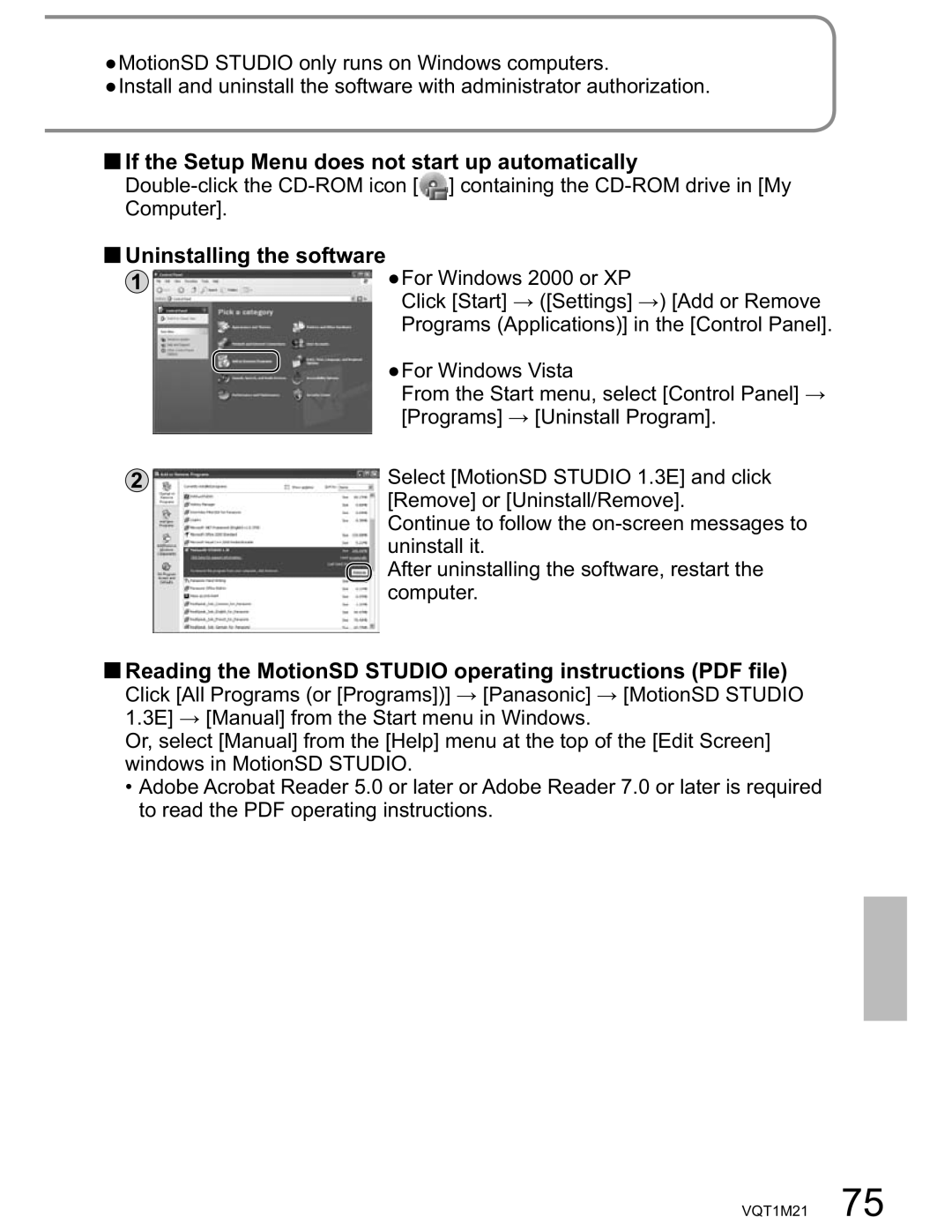 Panasonic SDR-SW20PC operating instructions If the Setup Menu does not start up automatically, Uninstalling the software 