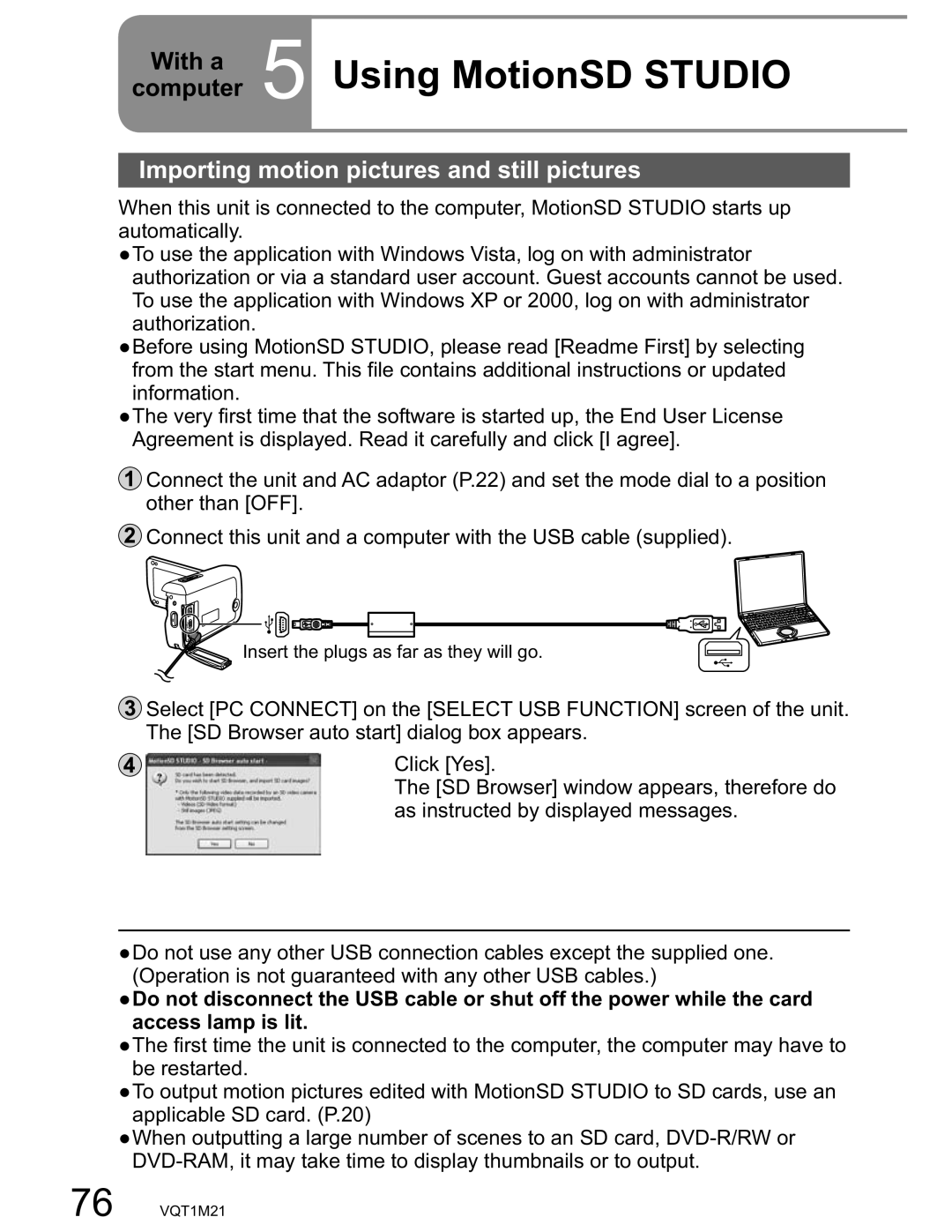 Panasonic SDR-SW20PC operating instructions Using MotionSD Studio, Importing motion pictures and still pictures 