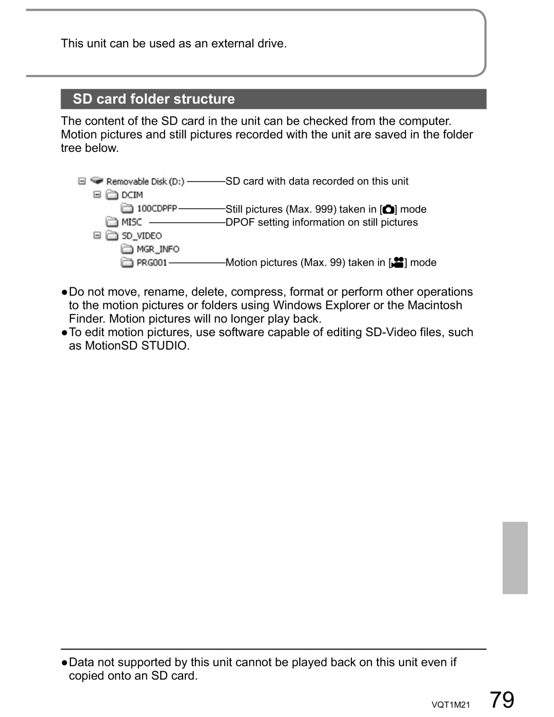 Panasonic SDR-SW20PC operating instructions SD card folder structure, This unit can be used as an external drive 