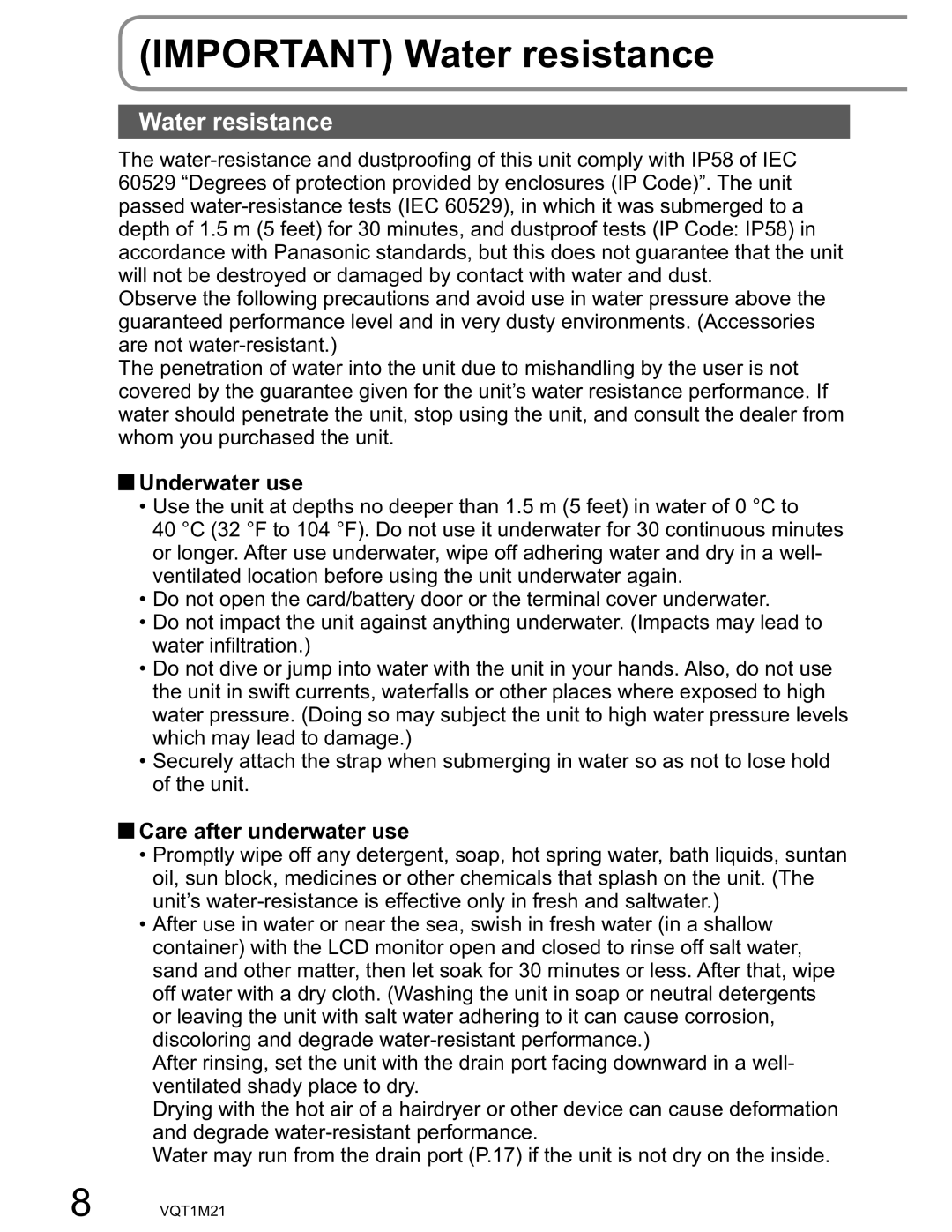 Panasonic SDR-SW20PC operating instructions Important Water resistance, Underwater use, Care after underwater use 
